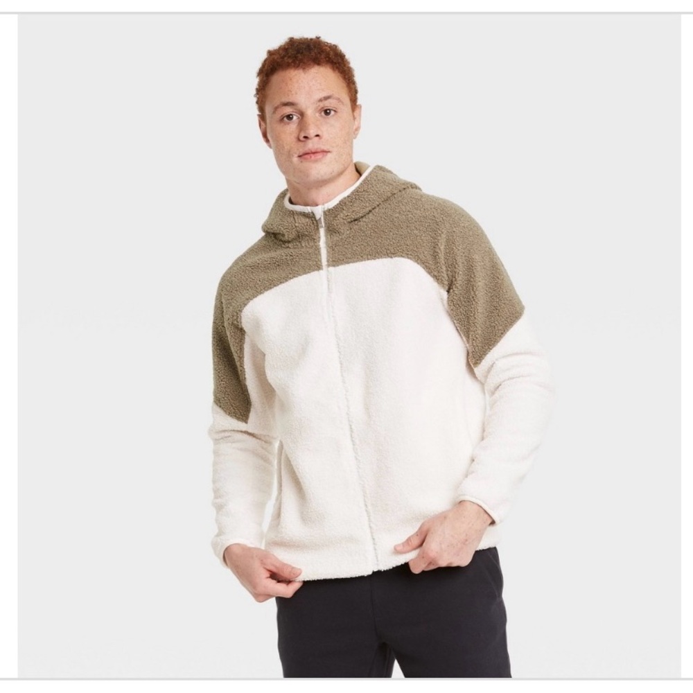 Men’s Small Cream/Gray Colorblock Full Zip Fleece Hooded Sweatshirt Cozy Casual